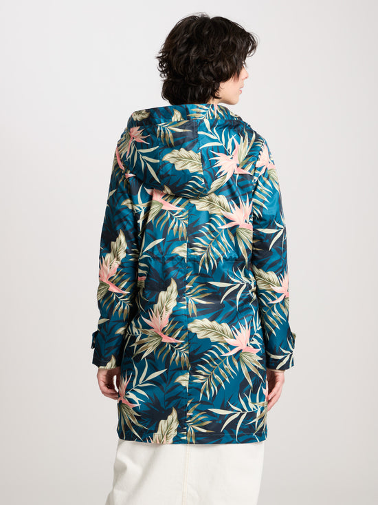 Women's regular long jacket with hood, zip and snap fastener, all-over print, green.