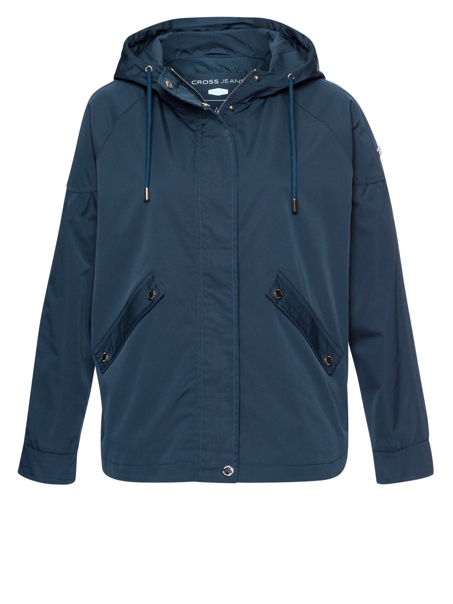 Damen Regular Jacke mit Kapuze, Reißverschluss und Druckknöpfen marineblau.