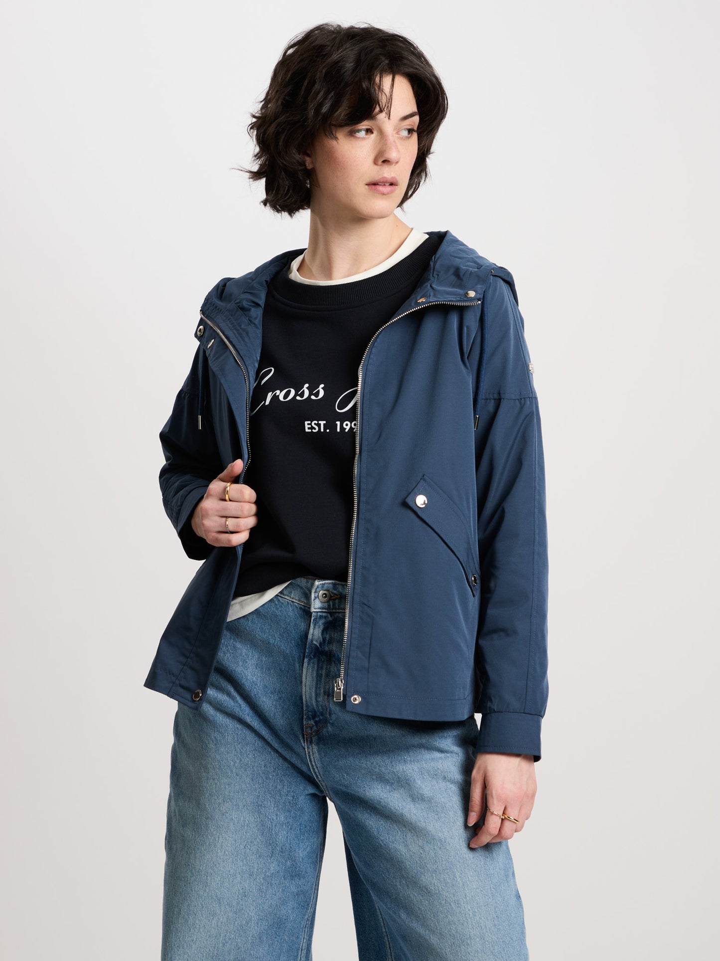 Ladies regular jacket with hood, zip and snap fasteners navy blue