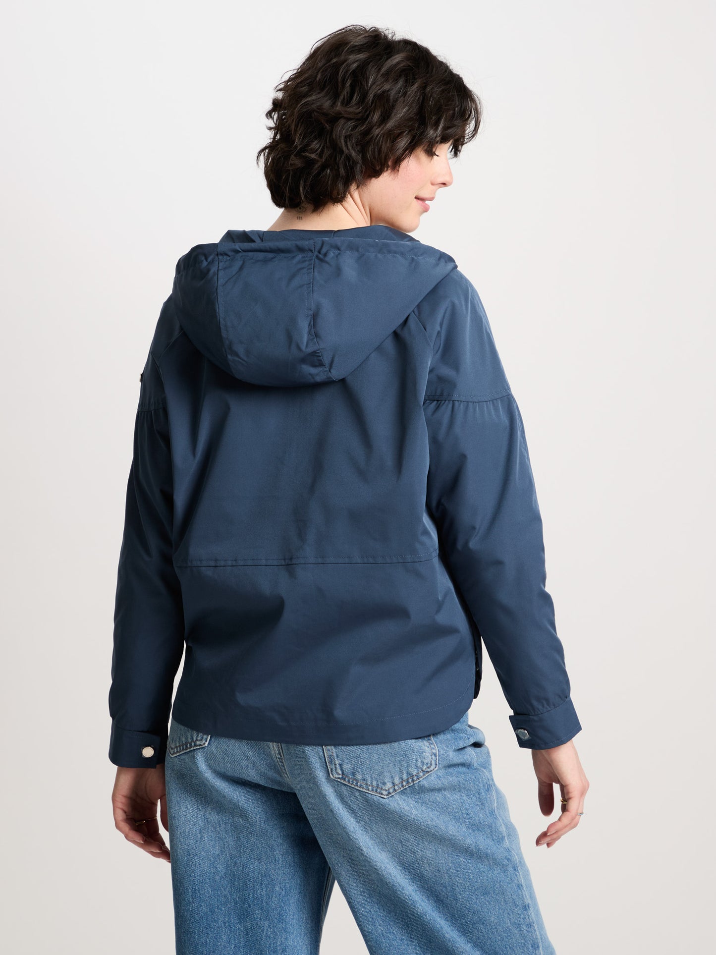 Ladies regular jacket with hood, zip and snap fasteners navy blue