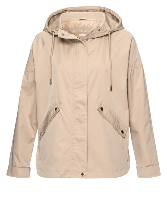 Women's regular jacket with hood, zip and snap fasteners, beige.