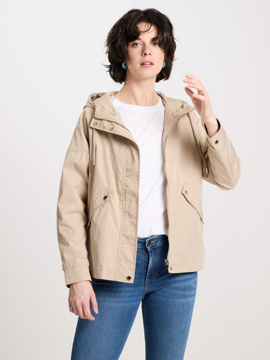 Women's regular jacket with hood, zip and snap fasteners, beige.