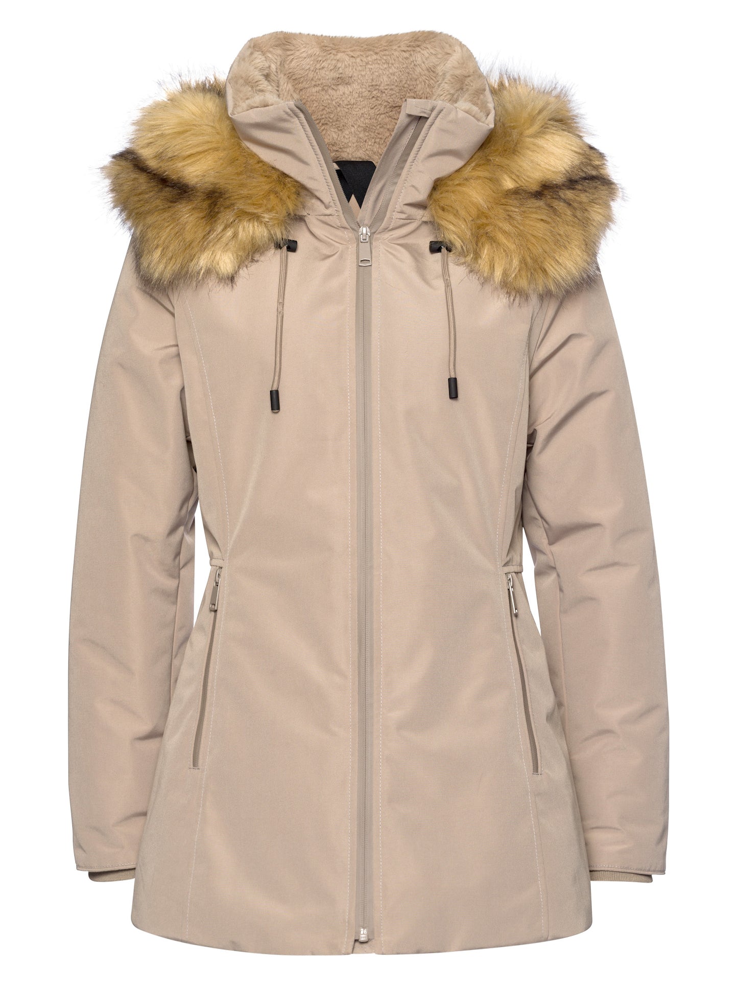 Damen Regular Winterjacke mit Kapuze, Kunstfell-Besatz und Reißverschluss steinfarben