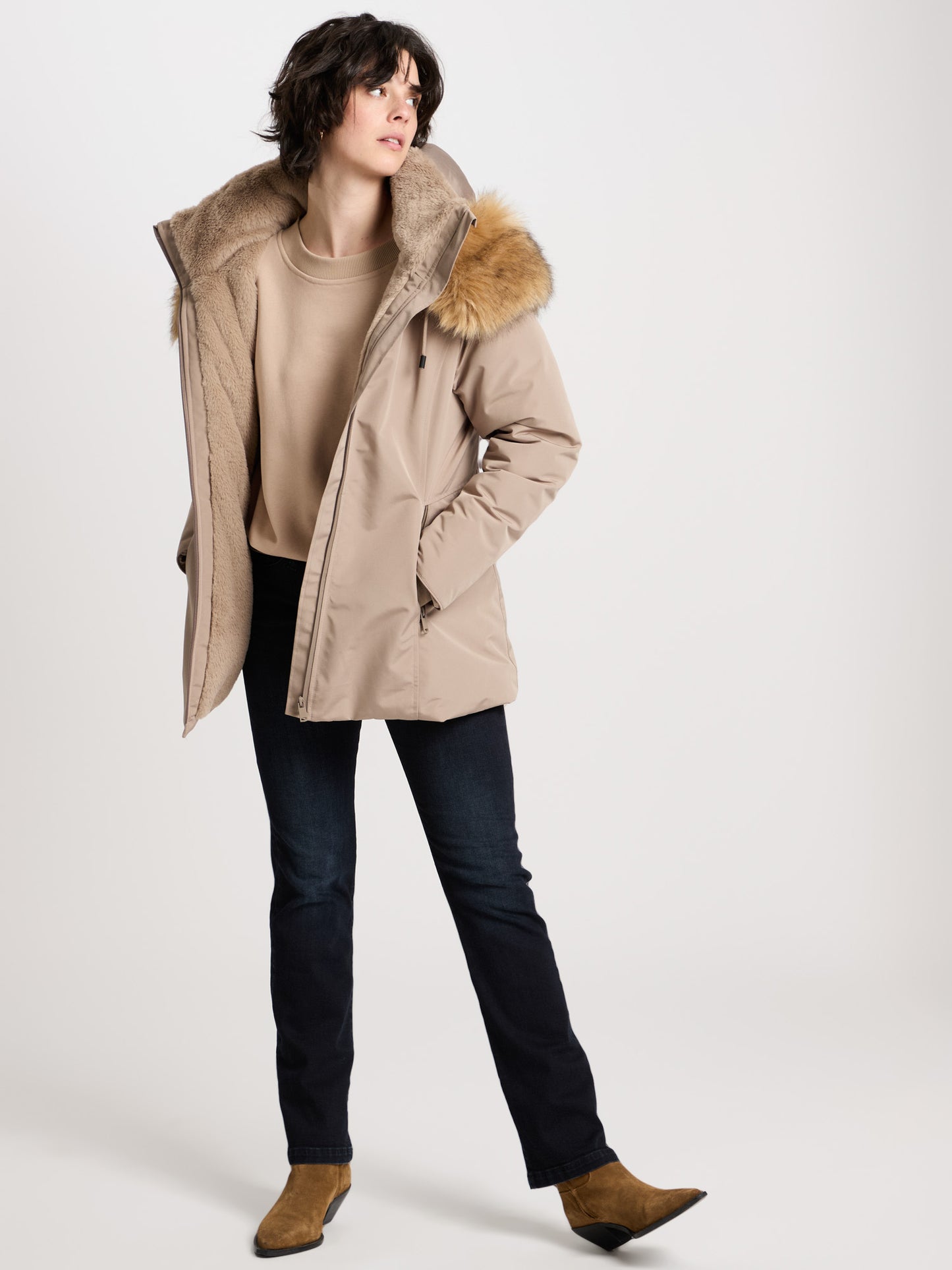 Damen Regular Winterjacke mit Kapuze, Kunstfell-Besatz und Reißverschluss steinfarben