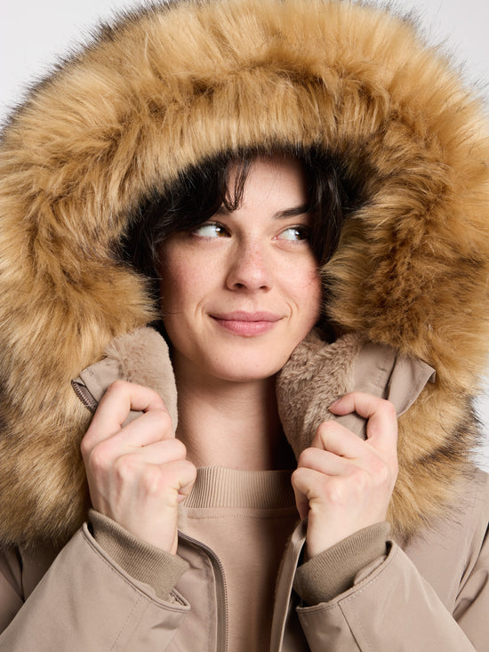 Damen Regular Winterjacke mit Kapuze, Kunstfell-Besatz und Reißverschluss steinfarben
