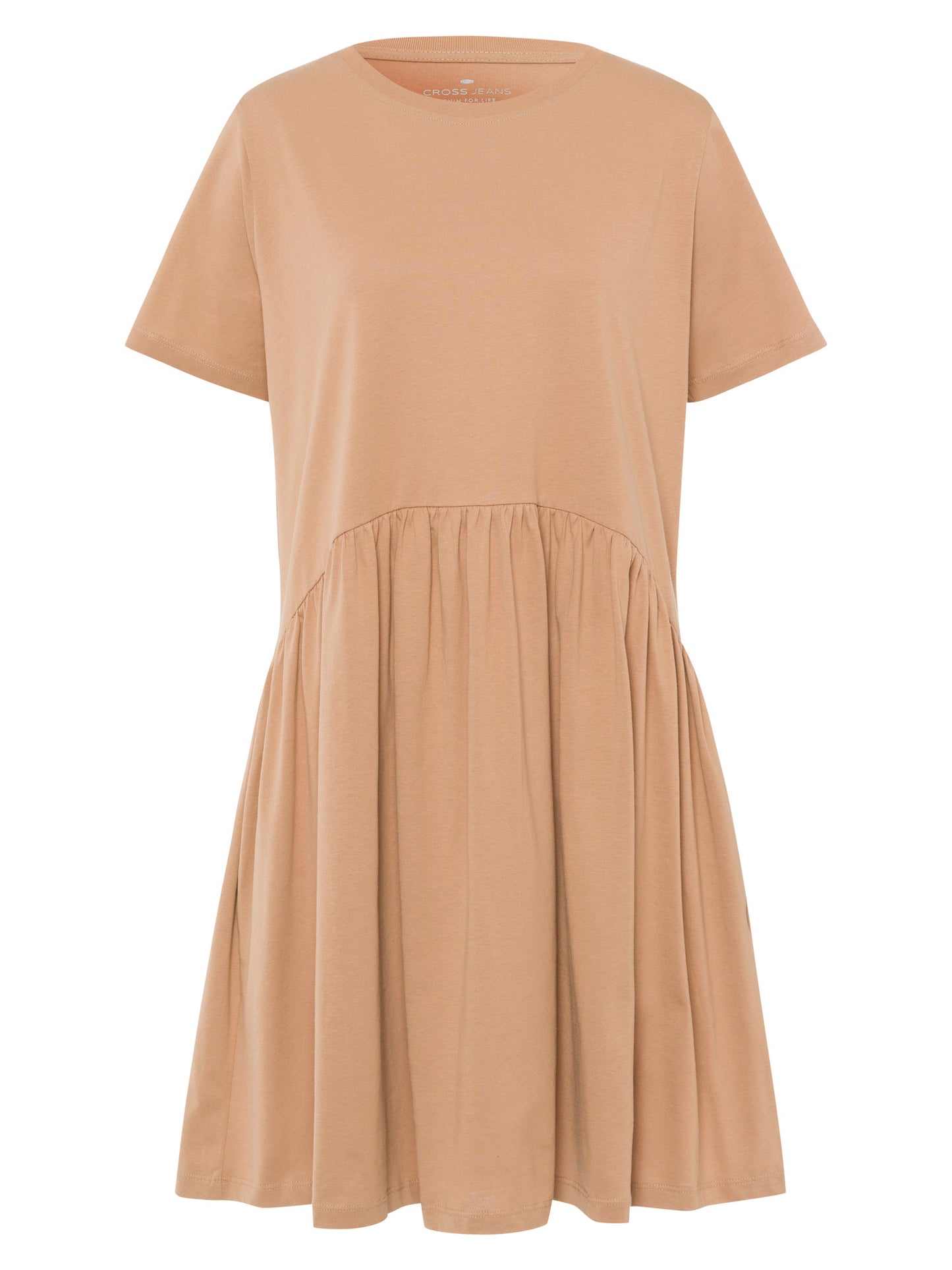 Women's relaxed jersey dress with pleated skirt, tobacco brown.