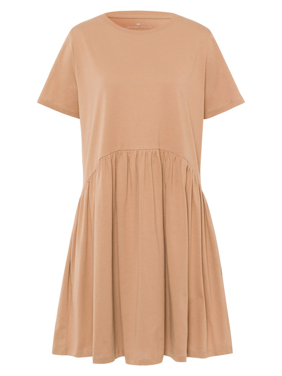 Women's relaxed jersey dress with pleated skirt, tobacco brown.