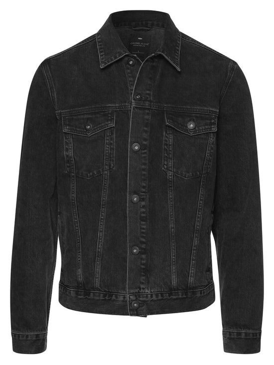 Men's regular denim jacket with button placket, black.