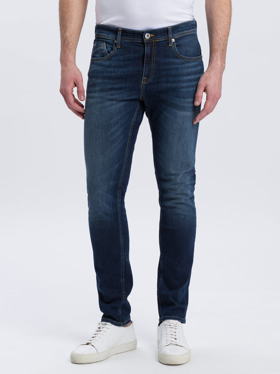 Jimi men's jeans slim fit regular waist tapered leg dark blue
