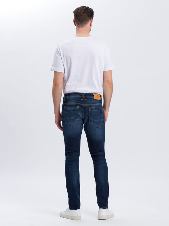 Jimi men's jeans slim fit regular waist tapered leg dark blue