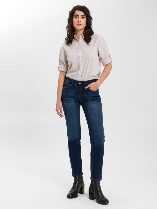 Rose Damen Jeans Regular Fit Mid Waist dunkelblau