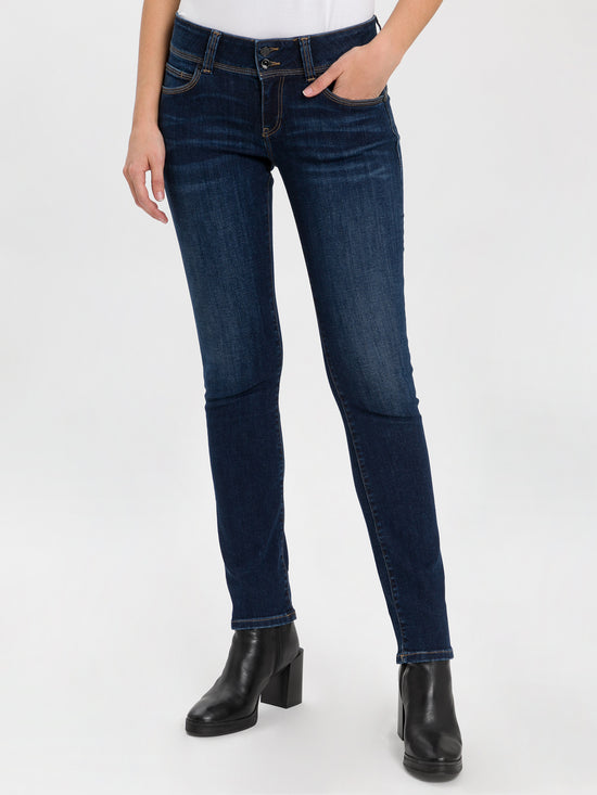 Loie Damen Jeans Regular Fit Mid Waist Straight Leg dunkelblau
