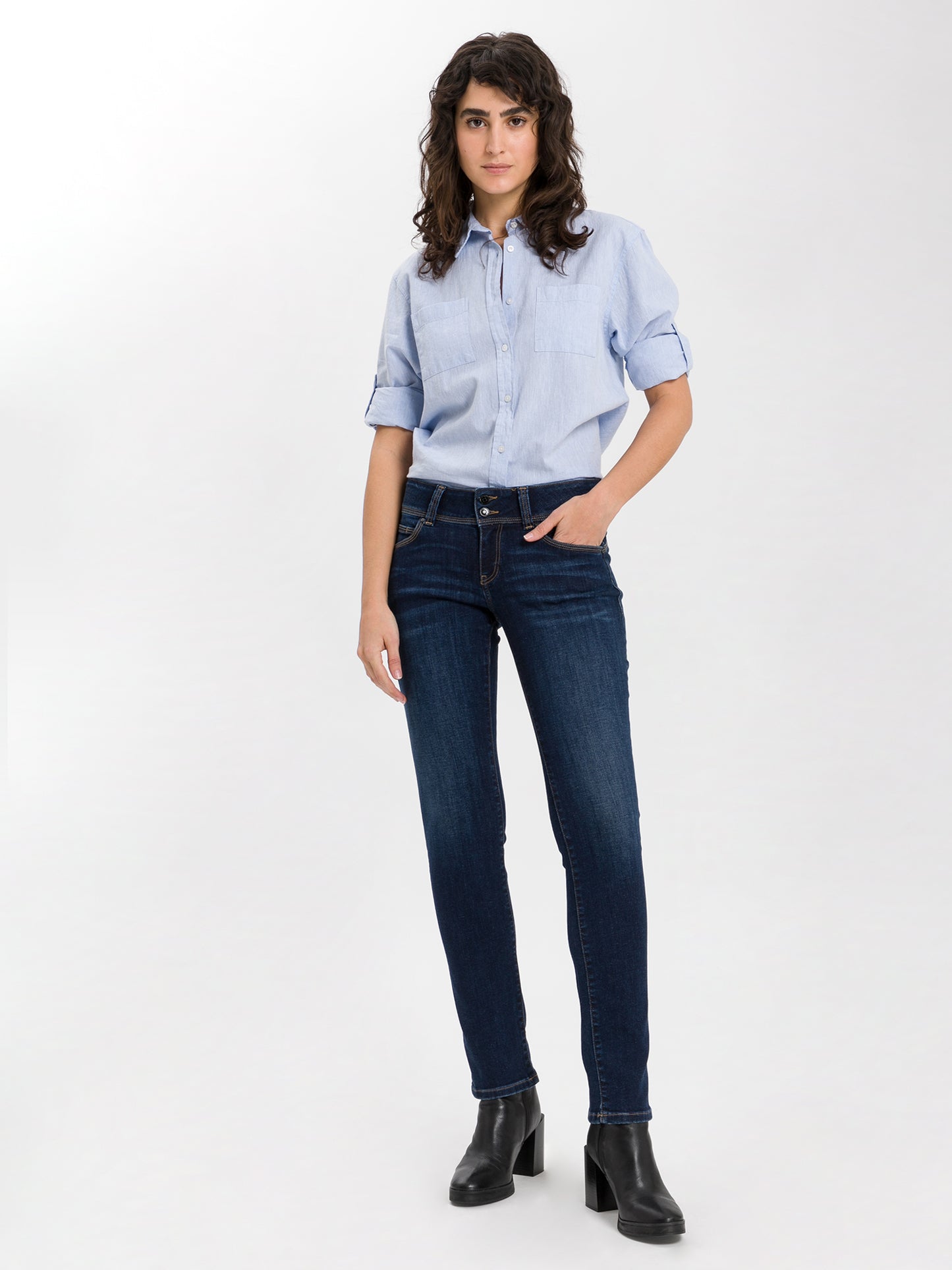 Loie Damen Jeans Regular Fit Mid Waist Straight Leg dunkelblau