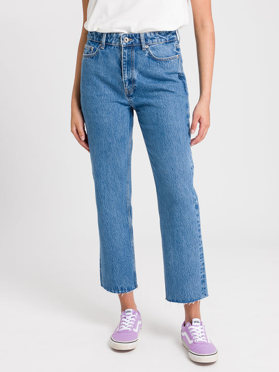 Karlie Damen Jeans Straight Fit High Waist Cropped mittelblau