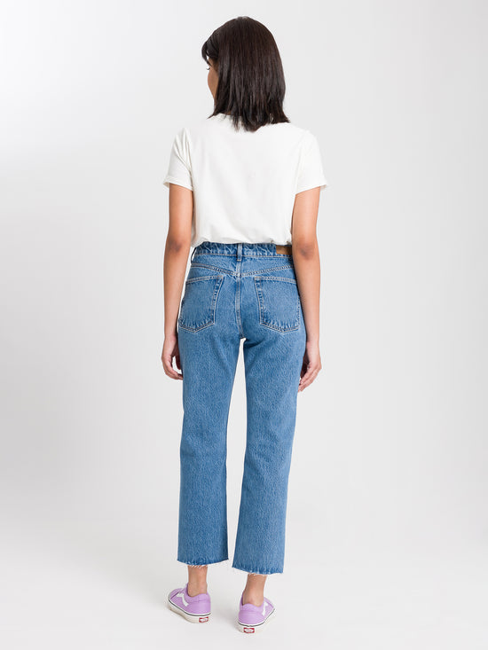 Karlie Damen Jeans Straight Fit High Waist Cropped mittelblau