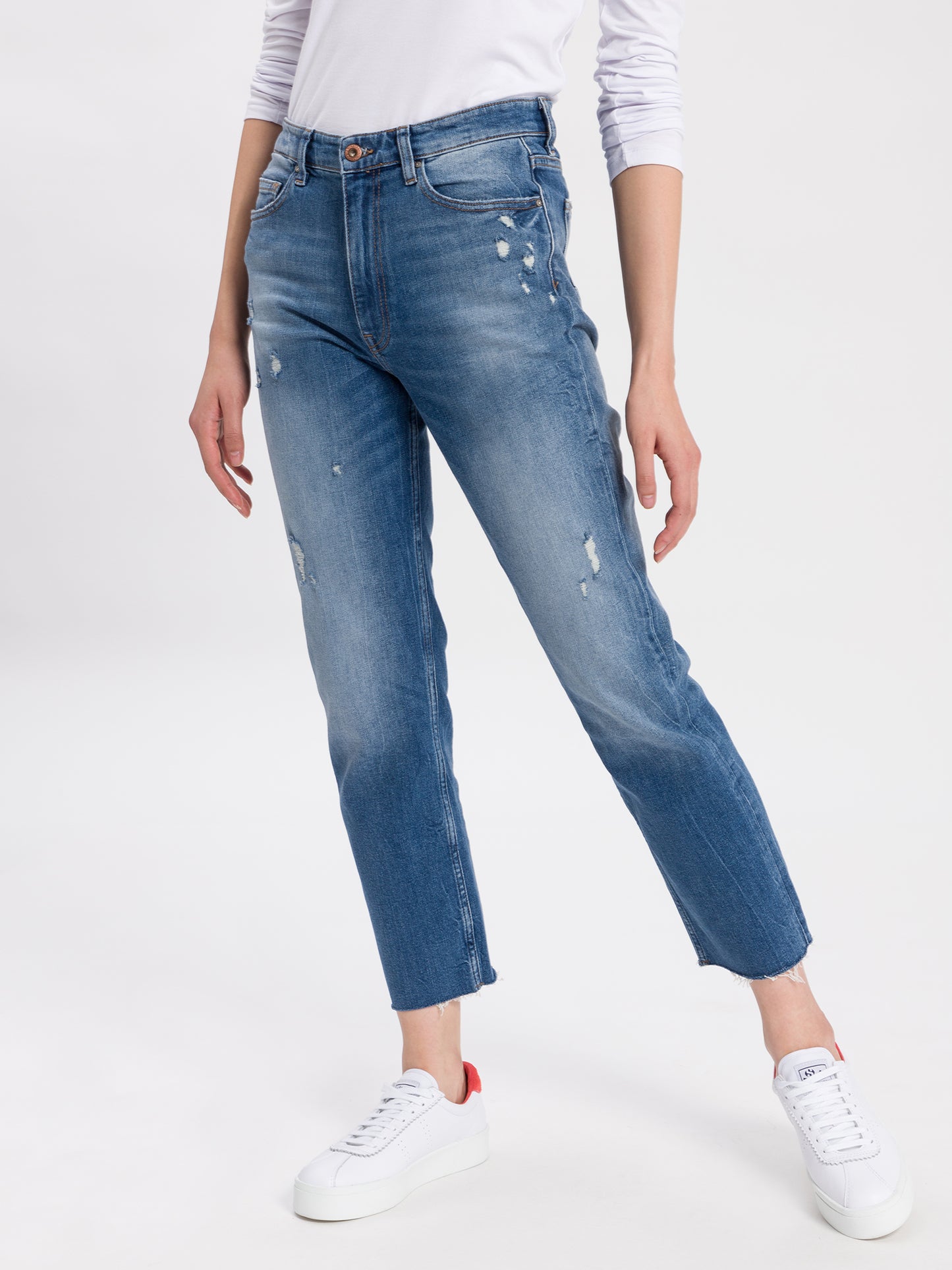 Marisa Damen Jeans Regular Fit High Waist Straight Leg mittelblau