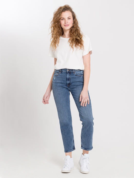 Marisa Damen Jeans Regular Fit High Waist Straight Leg mittelblau