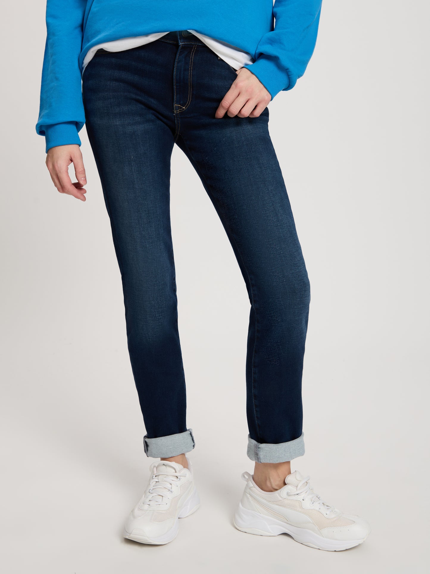 Anya Damen Jeans Slim Fit Mid Waist tiefblau