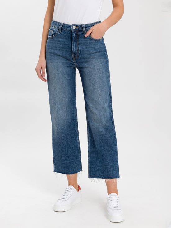Damen Jeans High Waist Cropped Wide Leg mittelblau