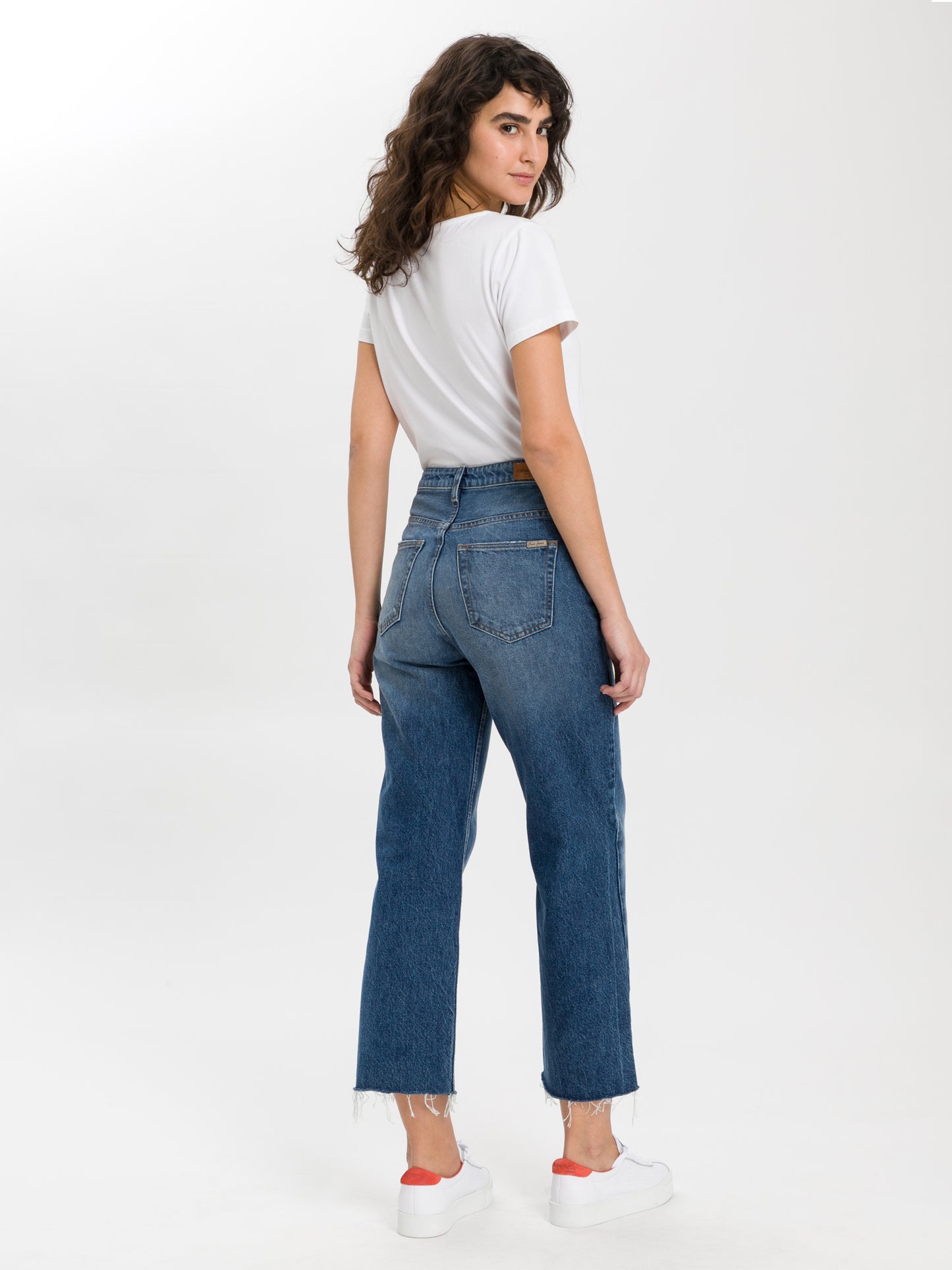 Damen Jeans High Waist Cropped Wide Leg mittelblau