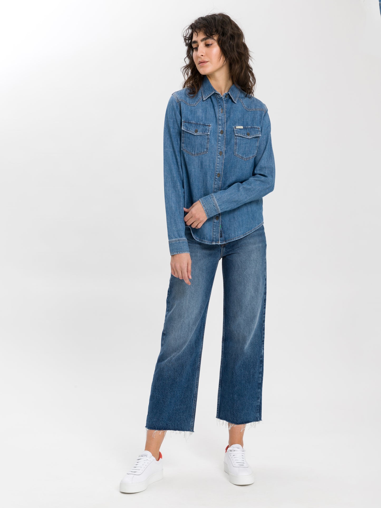 Damen Jeans High Waist Cropped Wide Leg mittelblau