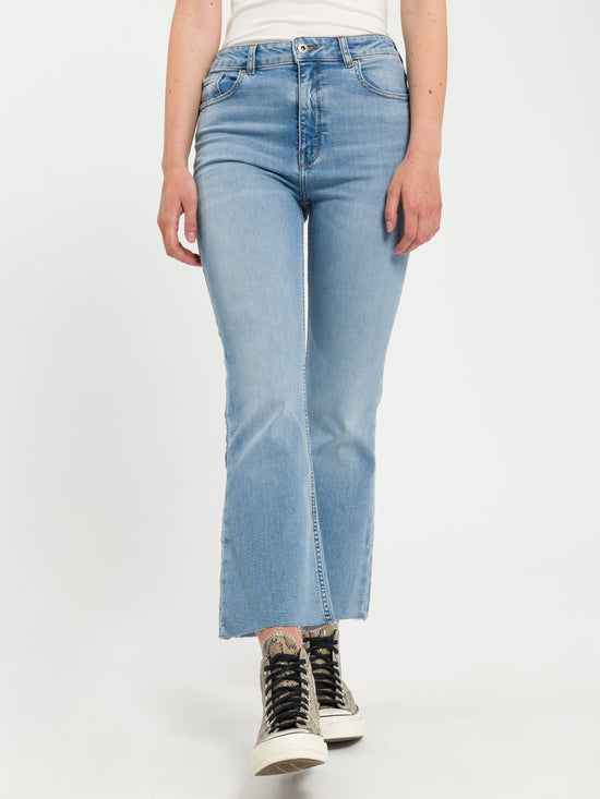 Damen Jeans High Waist Cropped Flare Leg hellblau