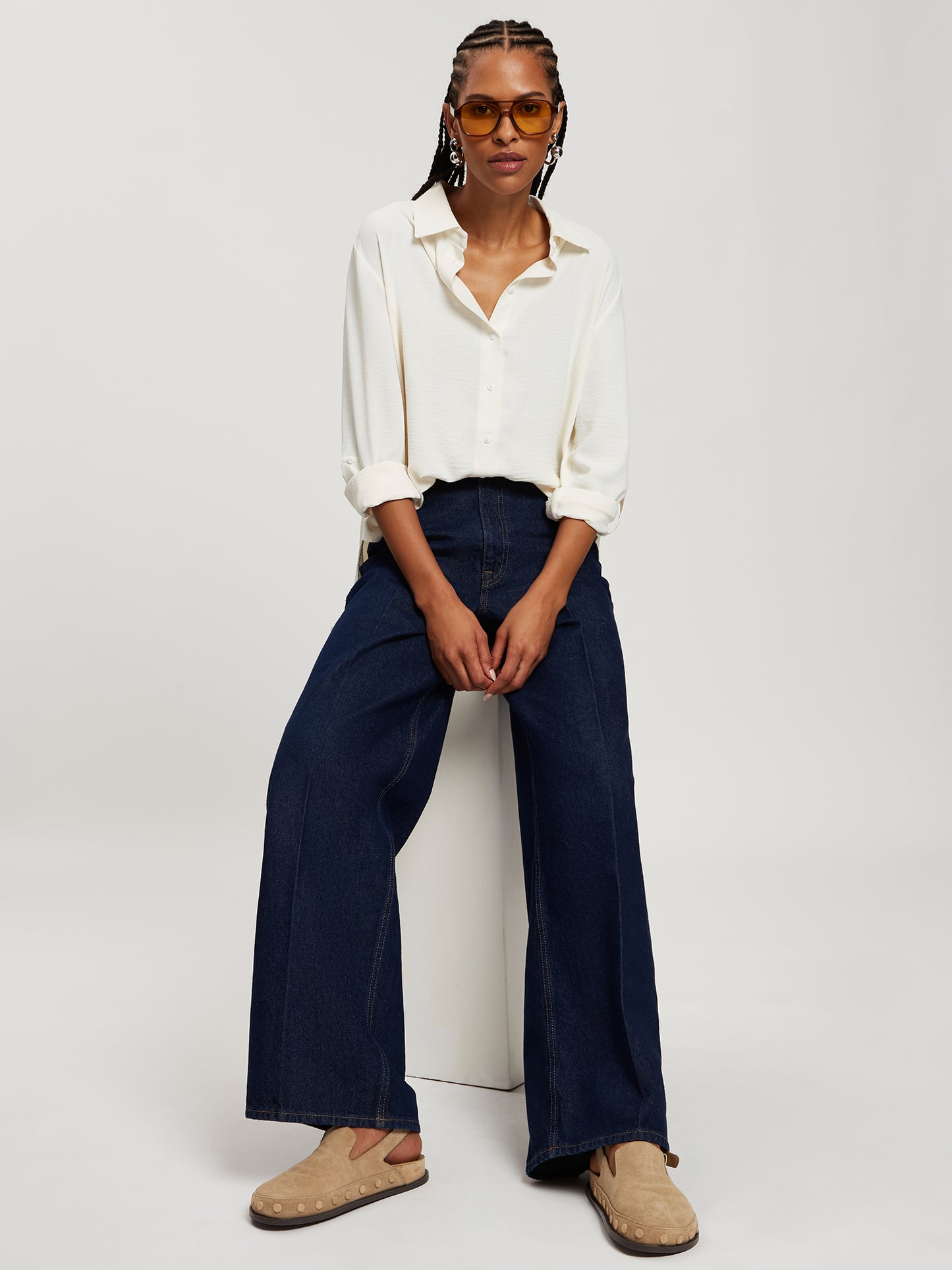 Wide Leg Women's Jeans Flare Fit Mid Waist dark blue